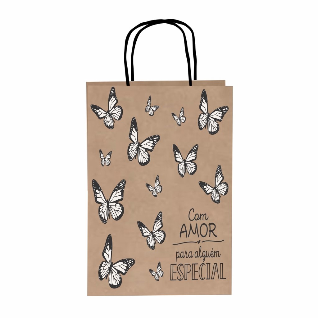 Sacola Papel Kraft Borboletas Tam.M 22X14X33 30 UN