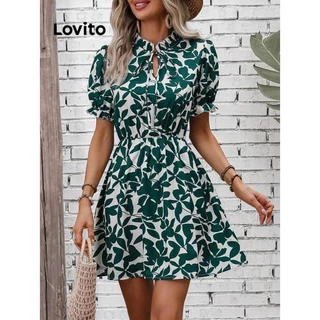 Lovito Vestido boho tropical com babados com cadarço para mulheres LNL77376