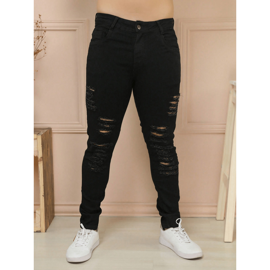 Calça Slim Preta CalÃ§a Preta Rasgado Masculino Calça Jeans
