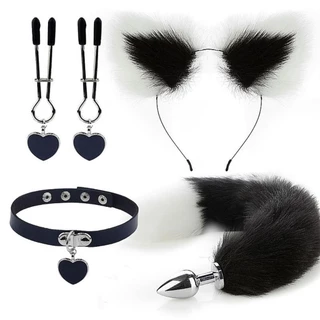Kit Fantasia Plug Anal Cauda Grampo Tiara Colar Preta Branco