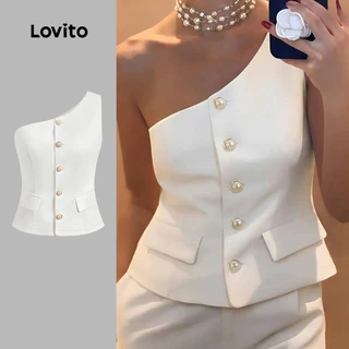 Lovito Blazer elegante com botões assimétricos lisos para mulheres LBL22647 em Promoção na Shopee Lovito Blazer elegante com botões assimétricos lisos para mulheres LBL22647