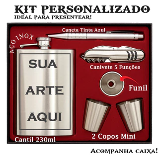 Kit Cantil Personalizado Inox Premium Copos Caneta Canivete Funil Bebida Whisky Personalização Laser Presente Homem