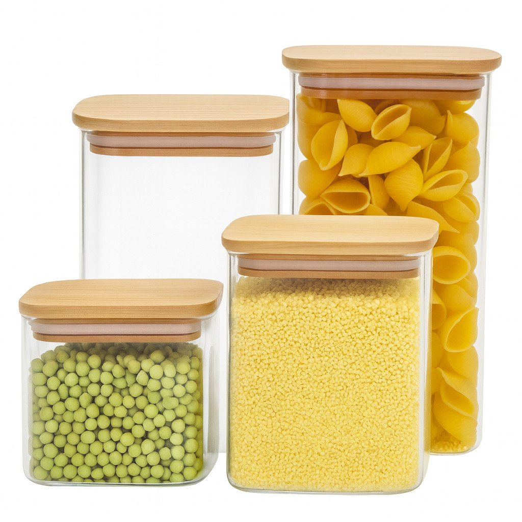 Kit Pote Hermético Vidro Tampa Bambu Quadrado Porta Mantimentos Grande Arroz Feijão Macarrão Cozinha