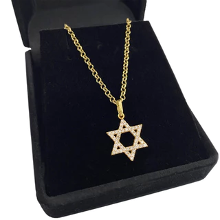 Corrente em Ouro 18k Elo Portugues 45cm + Pingente Estrela de Davi Cravejada