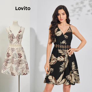 Lovito Vestido com Estampa de Plantas e Recortes para Mulheres LBL08152(Multicolorido)