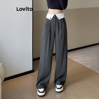 Lovito Calça casual lisa colorblock para mulheres LNM73199