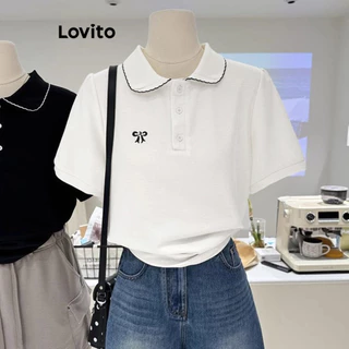 Lovito Camiseta feminina elegante com padrão de encadernação em contraste simples L100MD363