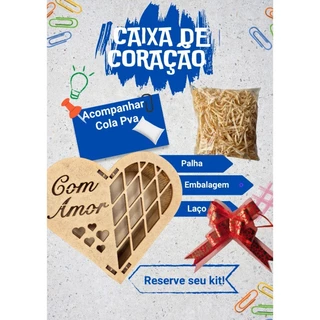Caixa Coração (COM ARMOR) Kit com 5 Unidades C LAÇO ,PALHA ,Saco Cristal. Mdf