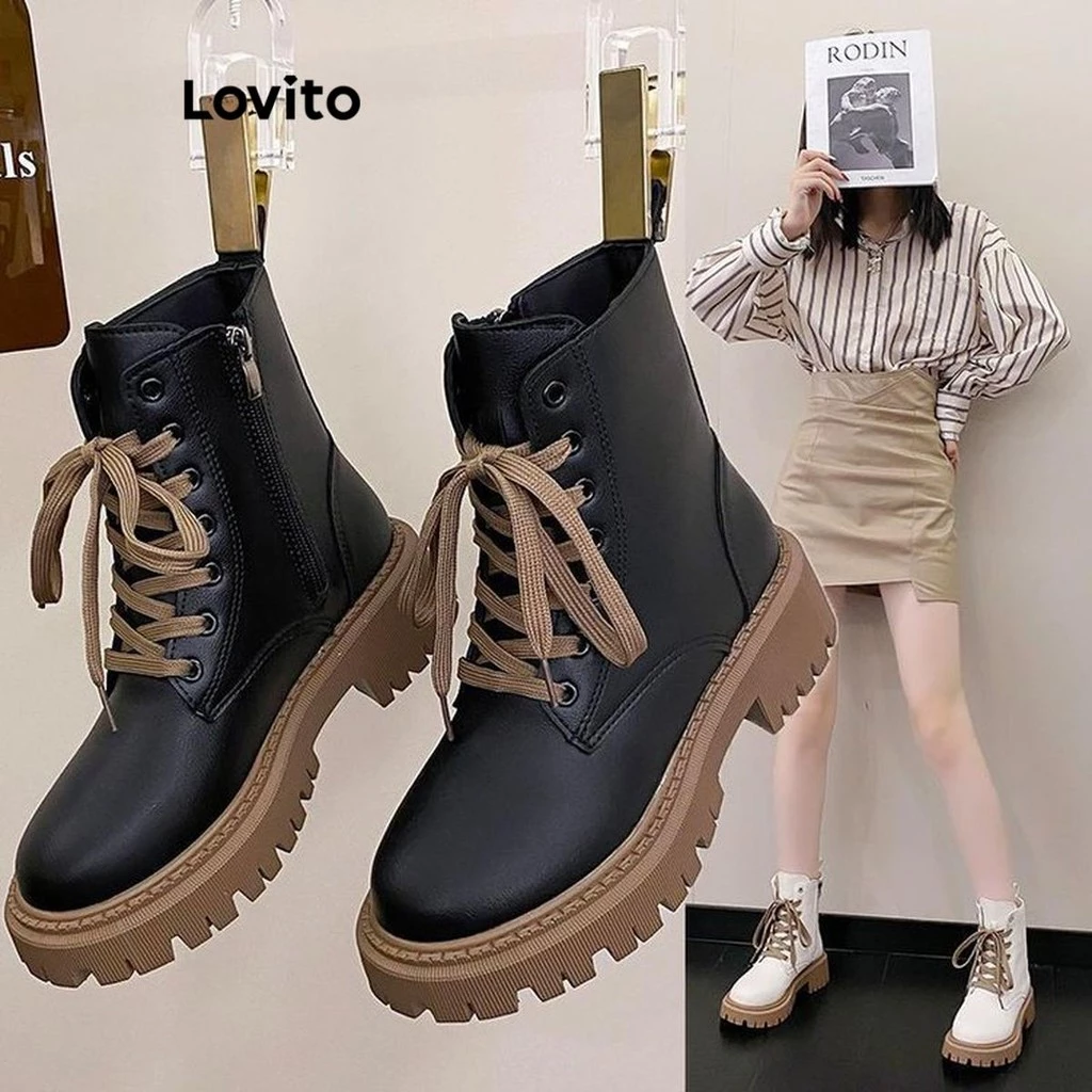 Lovito Bota casual lisa com bloco de cores e sola grossa estilo britânico para mulheres LFA47125