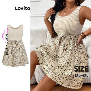 Lovito Vestido plus size curvo elegante de bolinhas com costura e gravata frontal para mulheres LBL16141