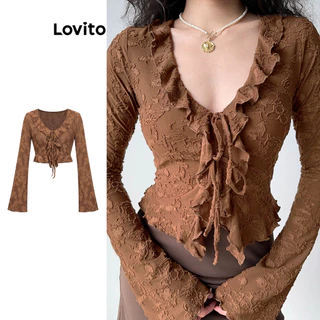 Lovito Blusa casual floral jacquard com babados para mulheres L102AD084