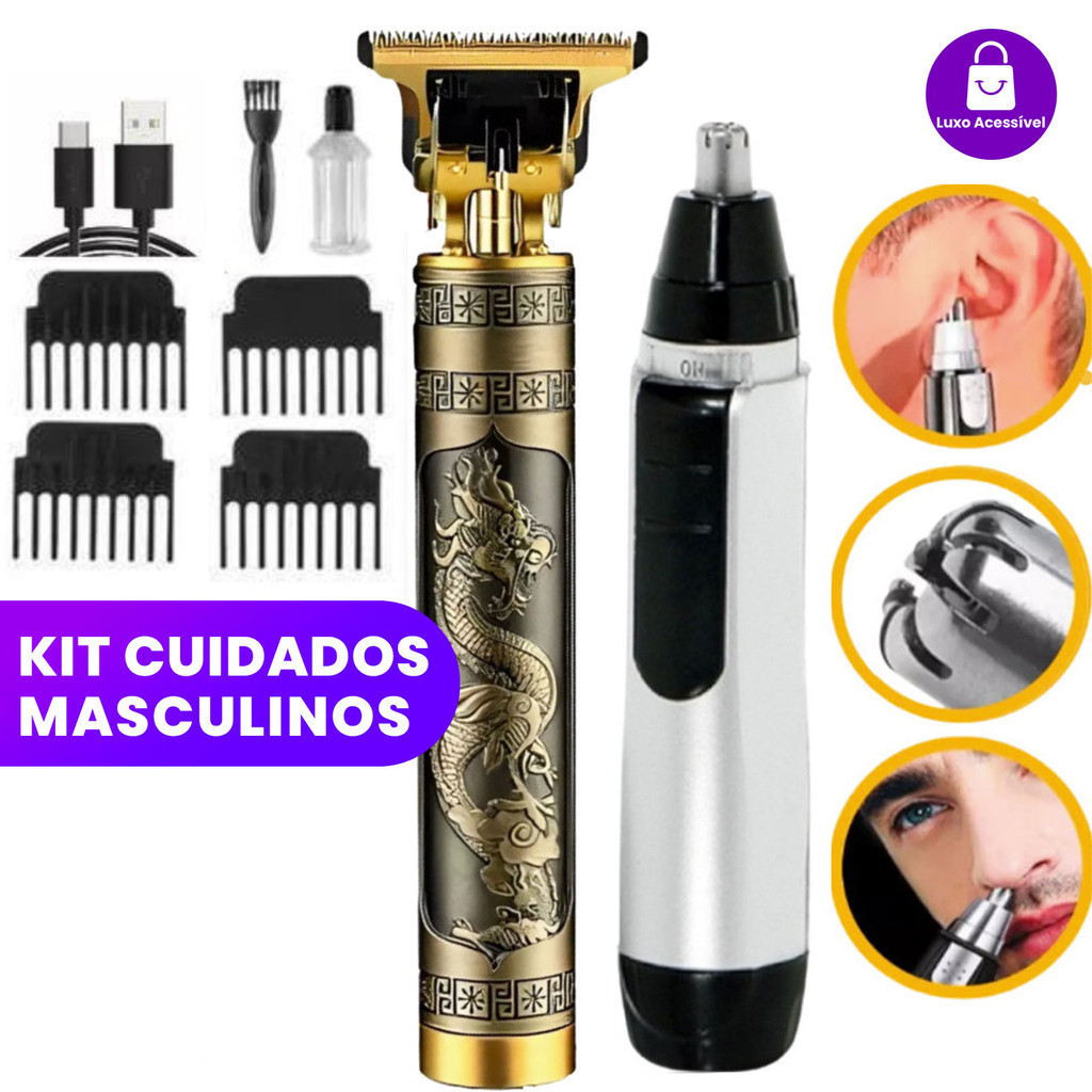 KIT Maquina cortar cabelo acabamento barbear barbeador eletrico pezinho vintage buda dragão t9