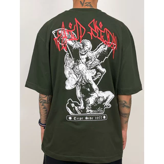 Camiseta Oversized Trip Side Arcanjo Miguel vs Serpente - Verde Musgo