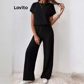 Lovito Conjuntos casuais de calças de malha canelada lisa para mulheres LNL57050