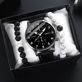 Relógio de Couro Casual de Genebra Pulseira de Couro de Quartzo Pulseira Turquesa com Contas