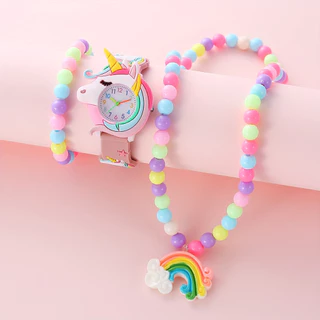 Kegllect 3PCS Cute Unicorn Quartz Watch Conjunto Arco-Íris Silicone 3D Strap School Relógios Para Meninas