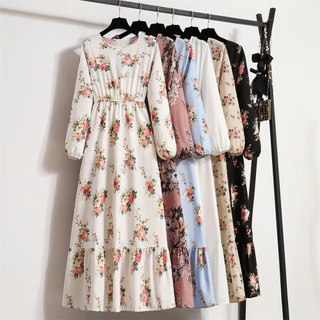 Vestido Casual de Férias Flor Impressão Vestido de Pescoço Longo Redondo Cintura Estreita Primavera Outono