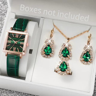 Relógio Ladies Watch Fashion Square Ladies Belt Quartz Watch+ Conjunto de Jóias Diamante (sem Caixa)