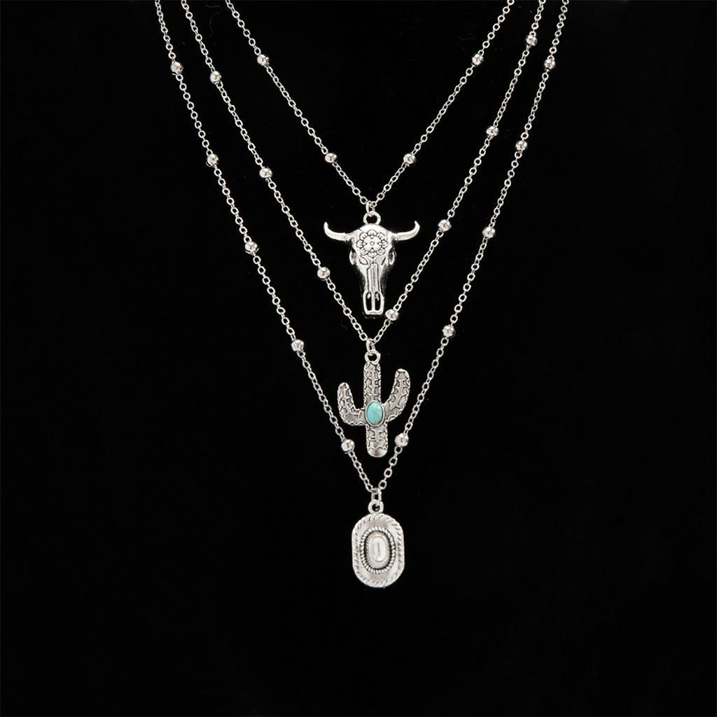 3 Pcs Separáveis Vintage Cowhead Cactus Pendants Conjunto De Colares Para Mulheres Correntes Em Camadas Da Tendência Acessórios No Pescoço 2024 Fashion Jewelry Female Girls Gifts