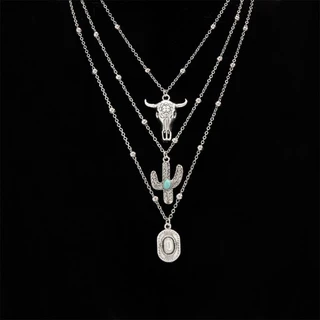 3 Pcs Separáveis Vintage Cowhead Cactus Pendants Conjunto De Colares Para Mulheres Correntes Em Camadas Da Tendência Acessórios No Pescoço 2024 Fashion Jewelry Female Girls Gifts