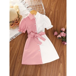 Vestido de Moda Coreano Vestido de Moda para Meninas Botão de Aniversário de Manga Curta Cinto de Princesa 4-7 anos de idade