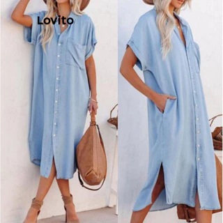 Lovito Vestido feminino casual com botão liso e bolso frontal dividido LNL72019