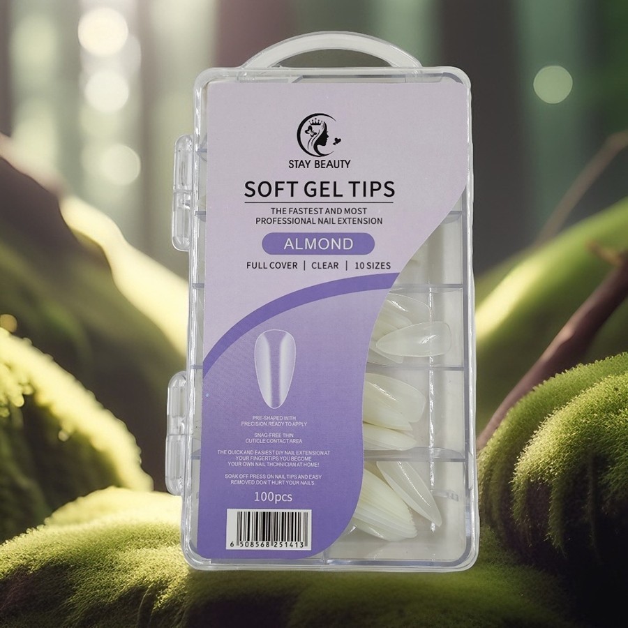 Unha Postiça Soft Gel Tips Almond Transparente e Leitosa 100 Unidades Stay Beauty