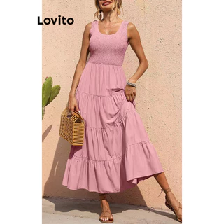 Lovito Vestido Boho Lisa com Elástico para Mulheres LNL46031