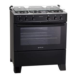 Fogão 5 Bocas Atlas Mônaco Plus com Mesa Inox e Acendimento Automático Preto Bivolt