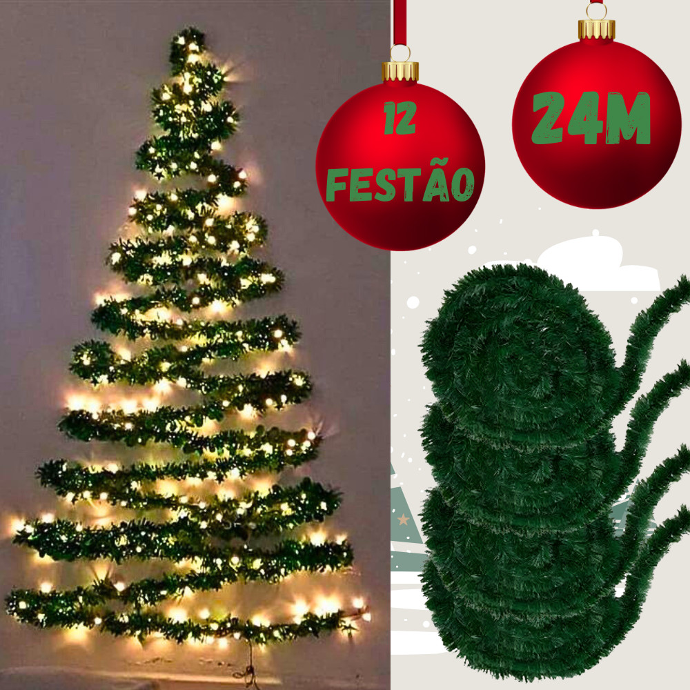Kit 12 Festão Verde 24 Metros 2M Cada Enfeite De Natal Decoração Natalina Guirlanda Corda Fitilho Fita Ornamento Natal N