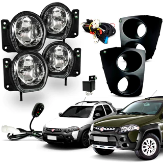 Kit Farol Auxiliar Milha Palio Weekend Strada Adventure 2004 2005 2006 2007 Moldura Preta Botao Colante