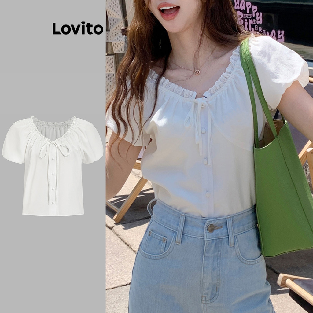 Lovito Blusa casual lisa com renda para mulheres L95ED330