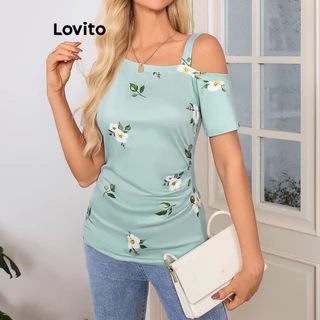 Lovito Camiseta feminina elegante com botões florais e florais LBL16288