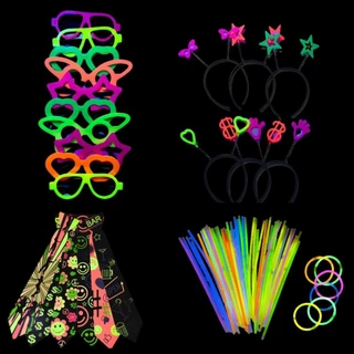 Kit Balada Festa Neon 130 peças 100 Pulseira, 10 Óculos, 10 Tiaras, 10 Gravatas - Adereços divertido