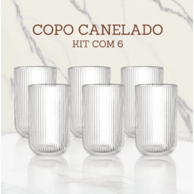 Jogo 6 Copos Canelados de Vidro - 423ml - Em Casa Tem