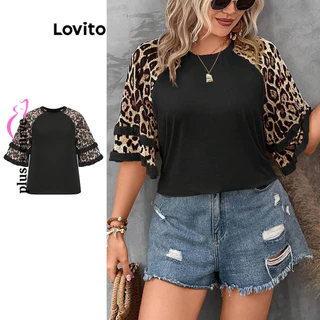 Lovito Camiseta feminina com costura em tecido com babados e leopardo casual plus size LBL14403