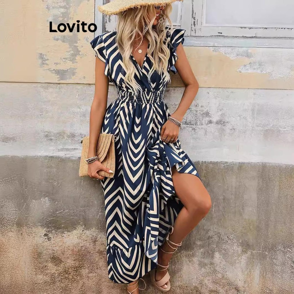 Lovito Vestido boho geométrico com babados para mulheres LNL72444