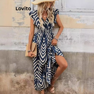 Lovito Vestido boho geométrico com babados para mulheres LNL72444