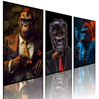 Conjunto de 3 Quadros Decorativos Minimalista Gorila Gangster Para Sala Escritório