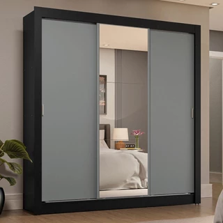 Guarda-Roupa Casal 3 Portas de Correr com Espelho 4 Gavetas Preto/Cinza Sublime Plus Madesa em Oferta na Shopee