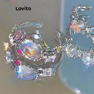 Lovito Anéis brilhantes casuais de metal liso Moonstone colorido para mulheres LFA44393