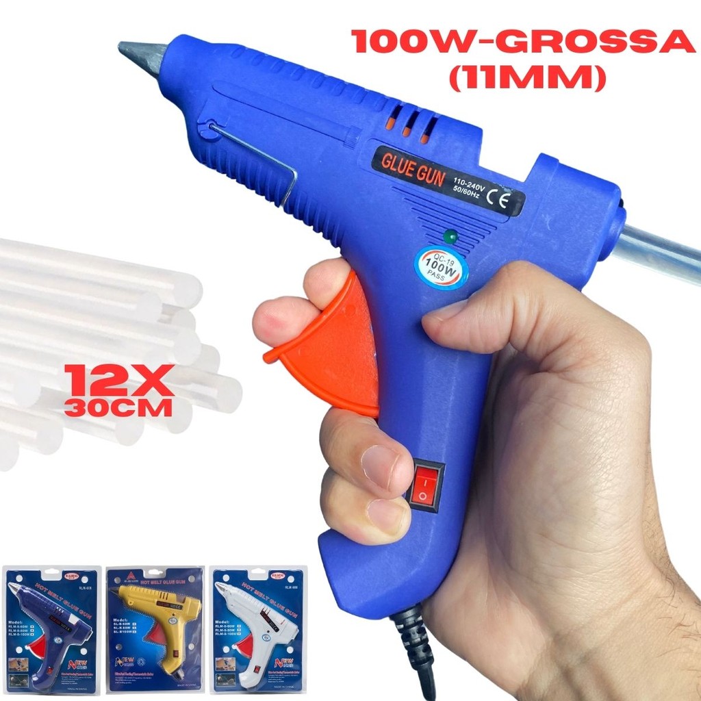 Pistola de Cola Quente Profissional Grande 100W + 12 Bastões Botão LIGA/DESLIGA Bivolt 110-220V