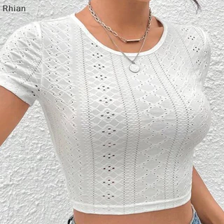 [Bordado Casual Basic Crop Top Para De Ilhós Feminino Crewneck Curto Sólido Fora Slim Fit Short Sleeve Tees COD
