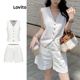 Lovito Conjuntos de shorts casuais com bolso e botão liso para mulheres L98AD225