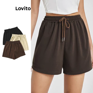 Lovito Short básico casual liso com renda para mulheres LBL16363