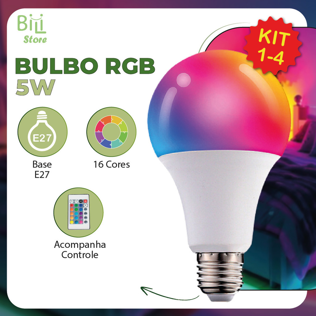 Kit 4 Bulbo LED RGB 5W Colorida c/ Controle de mudar a cor Bivolt 110V ...