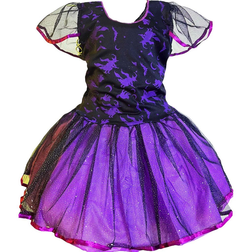 Fantasia de Bruxa Menina Infantil Fantasia Bruxinha Roxa Brilho Criança Halloween Carnaval Aniversário