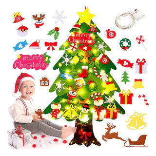 Árvore de Natal Montessori infantil em feltro com 32 apliques e Luzes