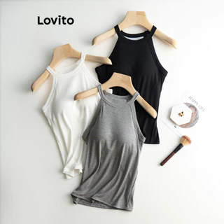 Lovito Casual Regata Feminina Simples com Bojo LNL36137 (Cáqui/Damasco/Cinza/Branco/Preto)