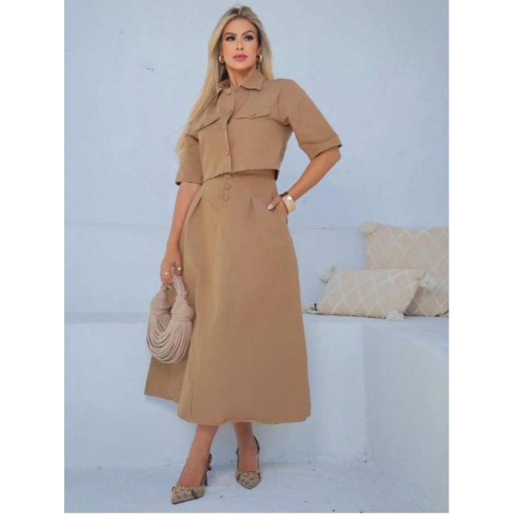 Blusa Saia Midi Rodada Com Botoes Conjunto Saia Midi Rodada Longa